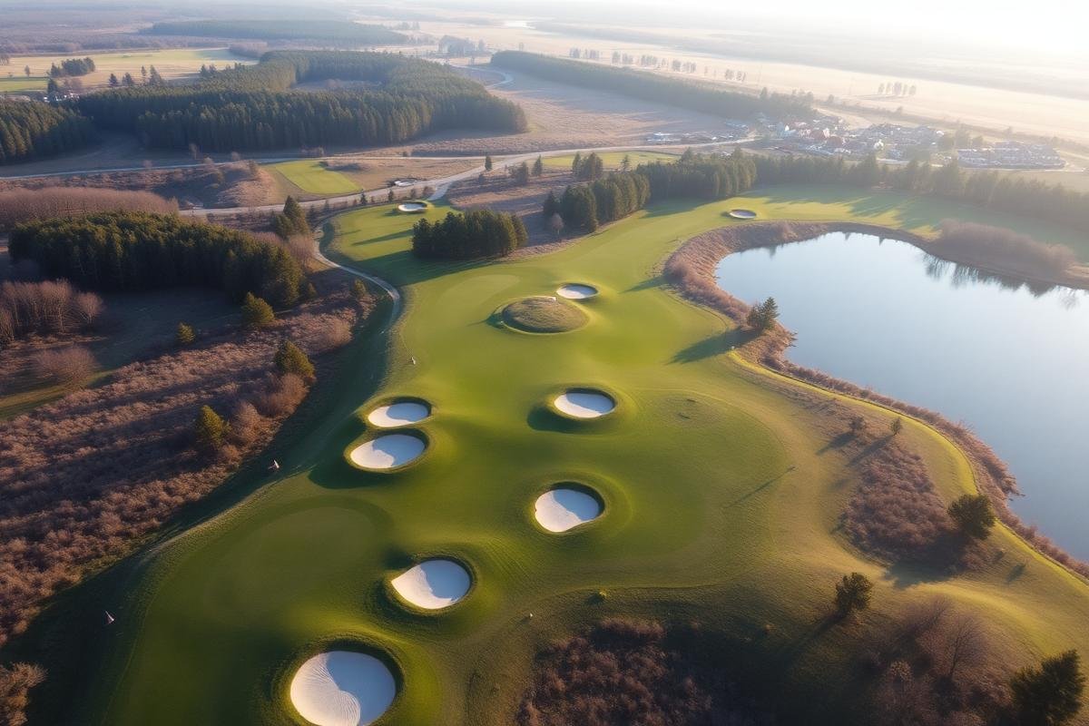 Aerial view of a parkland golf course with bunkers and a lake