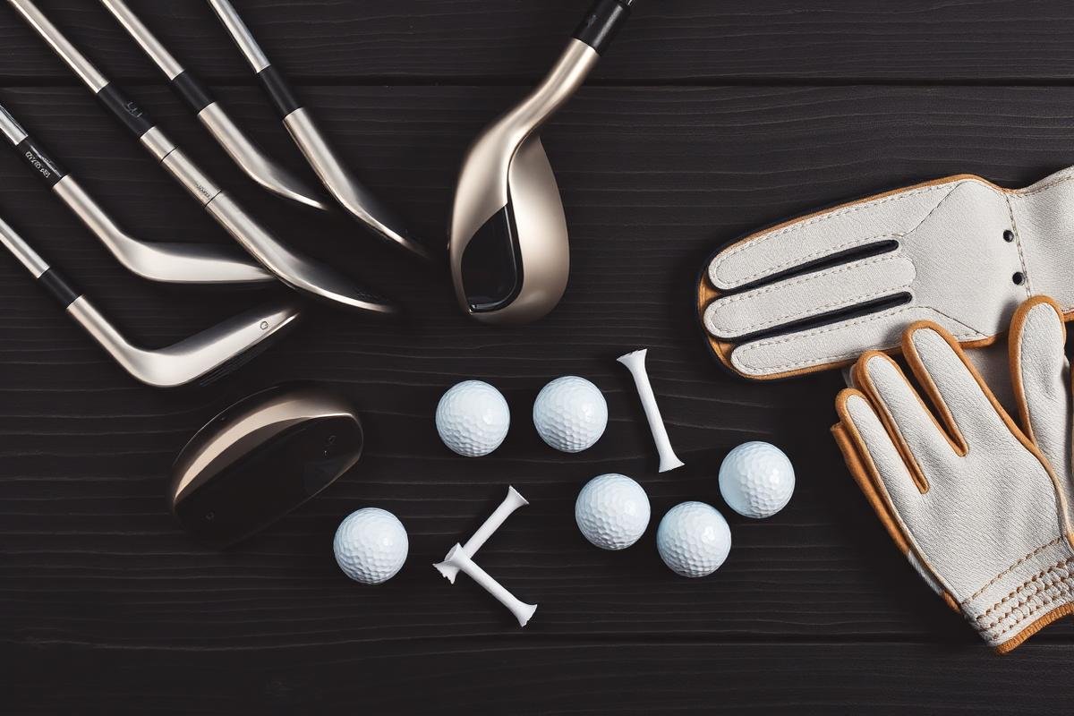 Flat lay of golf irons, driver, golf balls and glove on dark wood