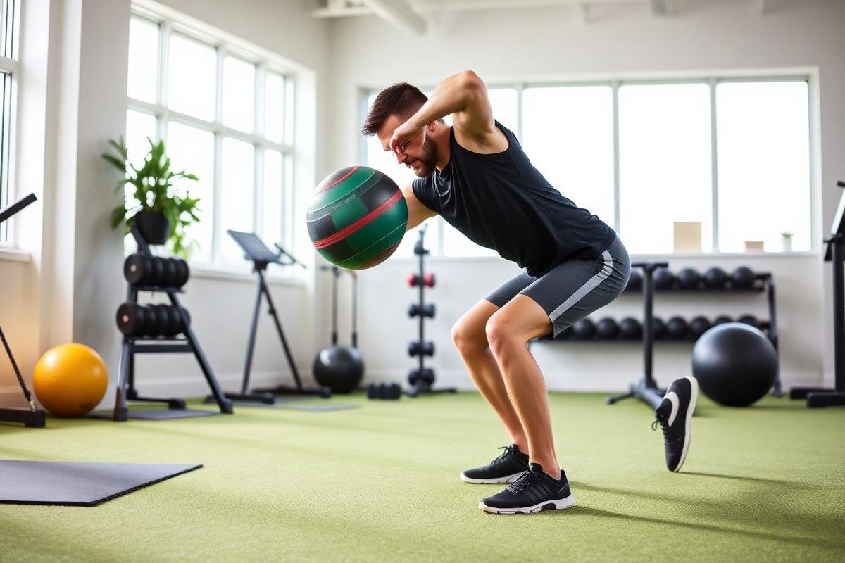 Athlete performing rotational core exercise with a medicine ball