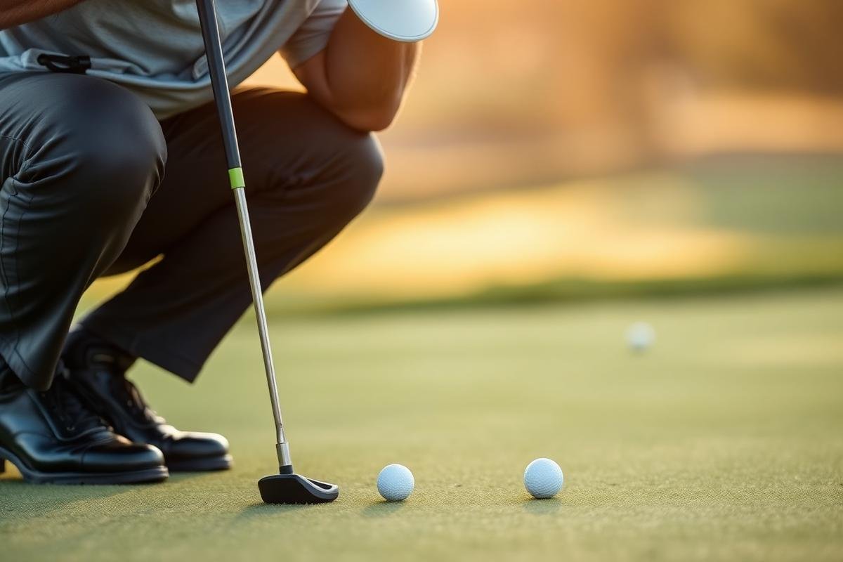 Golfer crouched behind a golf ball reading a putt
