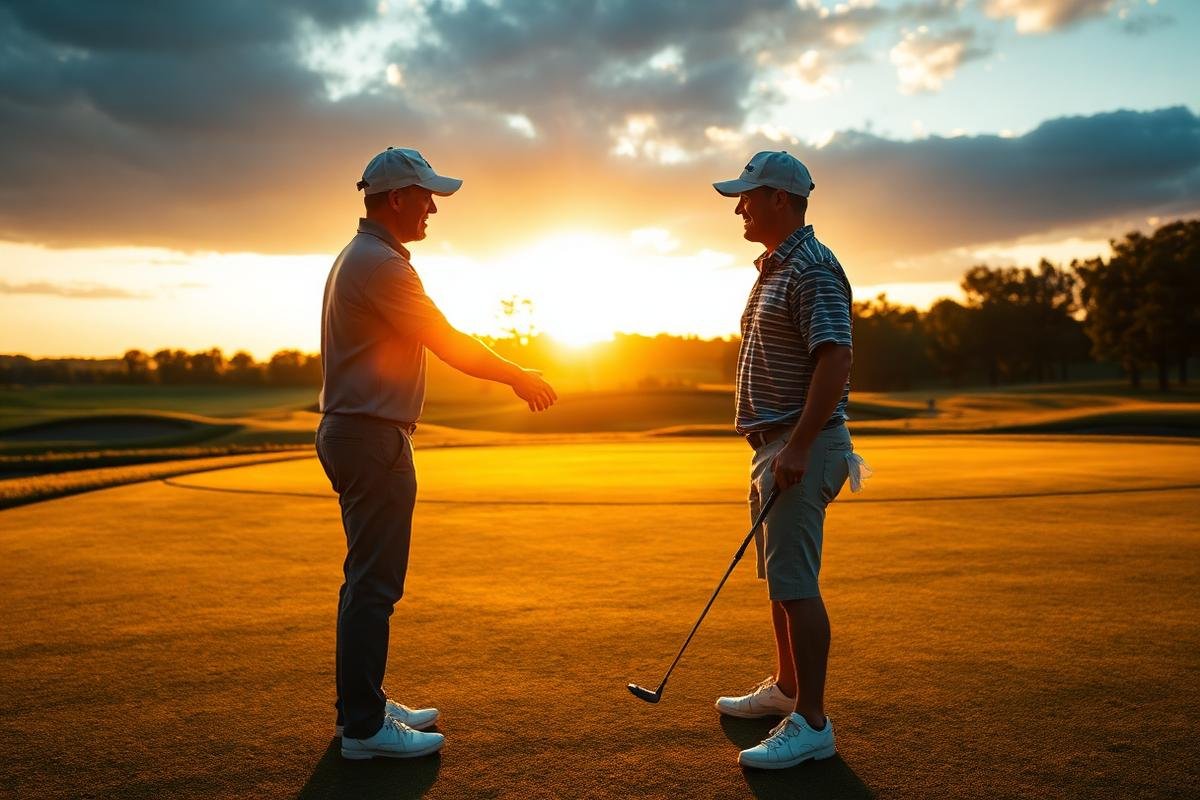 Two golfers shaking hands on the 18th green at sunset