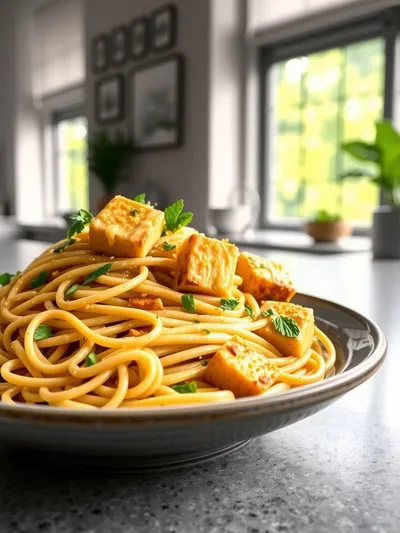 Creamy Tahini Pasta With Lemon, Garlic & Tofu