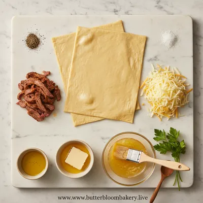 Crispy Beef and Cheese Puff Pastry Stacks - cooking process