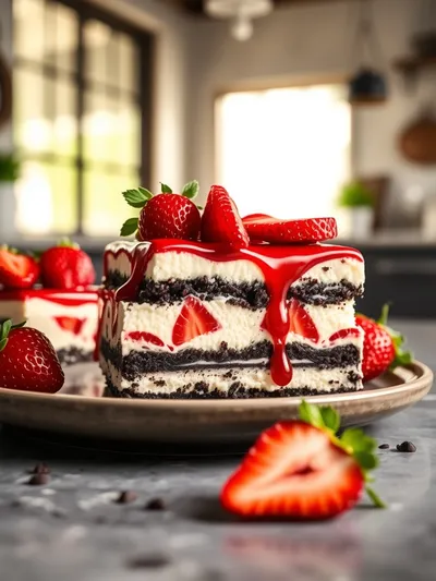 Strawberry Oreo Cheesecake Bars - ready to serve
